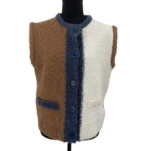 FRNCH Paris Colorblock Boucle Sweater Vest Brown Blue Cream Size M Wool Blend